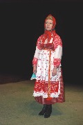 Женский праздничный костюм Великоустюгского района Вологодской области.

Костюм состоит из рубахи-«исподки», орнаментированной по вороту, груди, спинке, рукавам ручной вышивкой в технике «счетная гладь», сарафана из ткани в клетку, имитирующей старинную «пестрядь», передника, сшитого из белой льняной ткани и украшенного ручной вышивкой в технике «тамбурный шов». Особую нарядность переднику придает кумачовая «проставка» с цветной тамбурной вышивкой. 

Красный цвет, преобладающий в данном костюме несет в себе жизненную силу, энергию, придает праздничность. Сочетание белого и красного цветов восходит к глубокой древности. Дополняет костюм браный пояс ручного ткачества с традиционными геометрическими орнаментами. 

Особенностью женских костюмов является головной убор – основное отличие замужней женщины от девушки, называемый в данной традиции «борушкой» и представляющий собой маленькую шапочку. Под шапочку женщина тщательно убирала свои волосы.  Поверх шапочки надевался платок таким образом, чтобы видно было только очелье – налобная часть, богато украшенная золотной вышивкой. 
